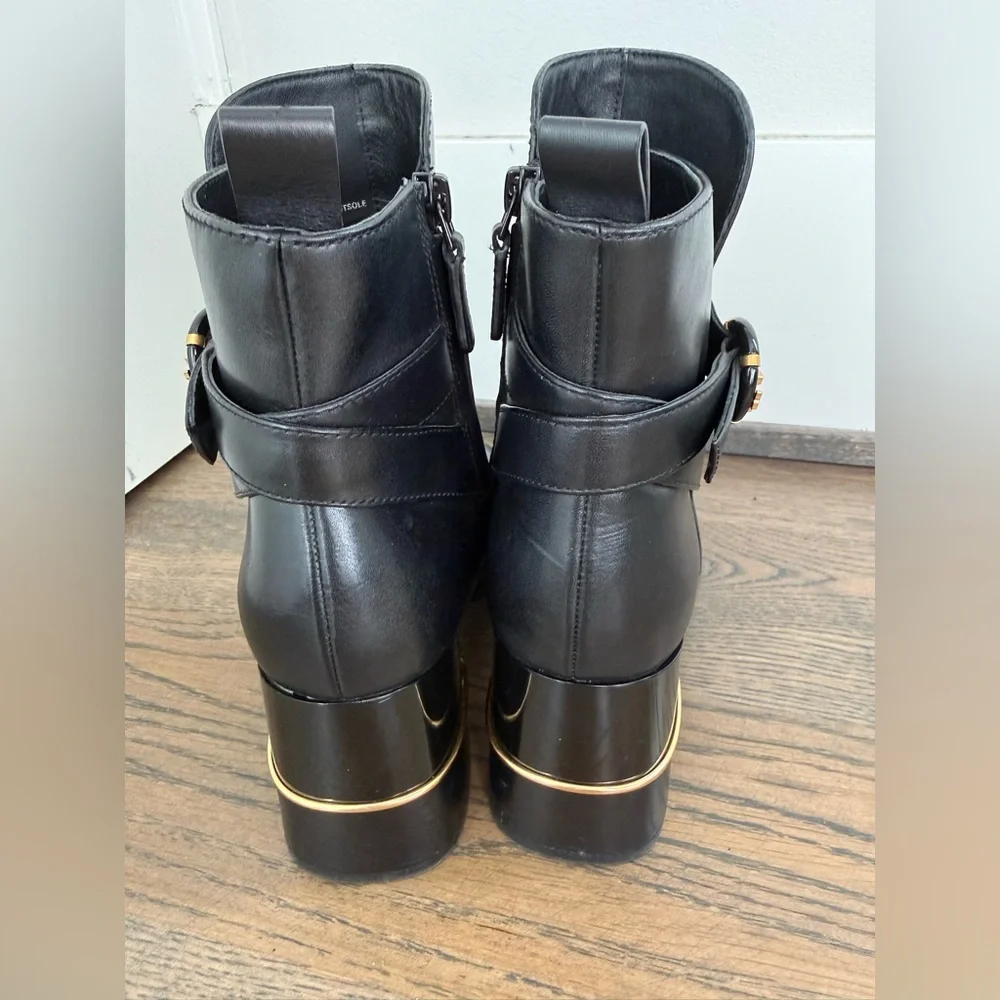 Tory Burch Black Leather Ankle Boots with Logo Buckle and gold accent EUC size 9